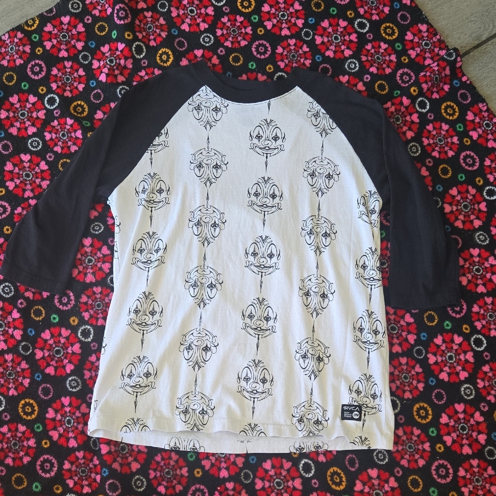 RVCA Black and White Long Sleeve Tee with‎ Playful Print